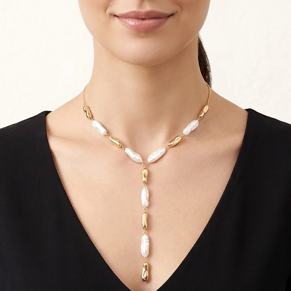 Gold and White Pearl Y-Style Lariat Statement Necklace